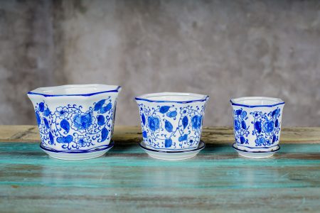 Macetero con plato, borde irregular , Diseño ramas/Flores